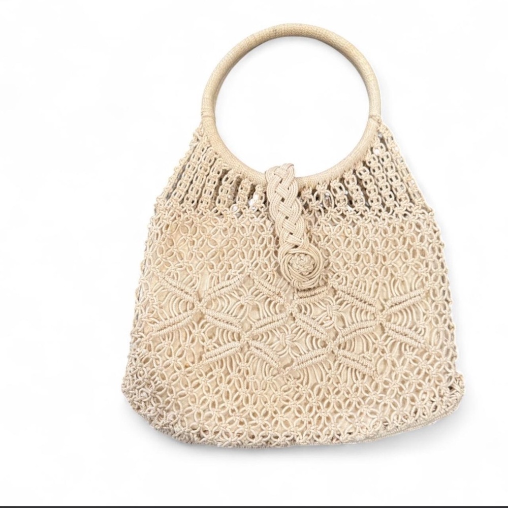 Woven Macramé Circle-Handle Bag in Cream